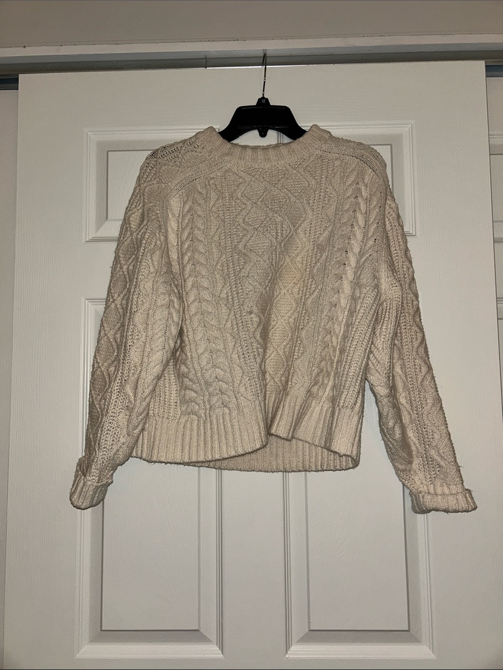 American Eagle Outfitters Cream Cable-Knit Crewneck Sweater